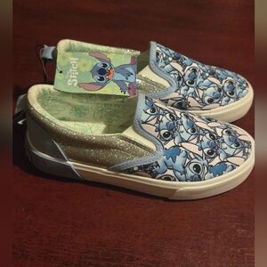 Disney Stitch Patterned Slip-On Sneakers with Gold Sparkle SIZE 1